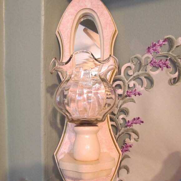 Home Interiors Sconce Ruffled Edge Glass Candle Holder Mirrored Pink Marble Look - Picture 2 of 16